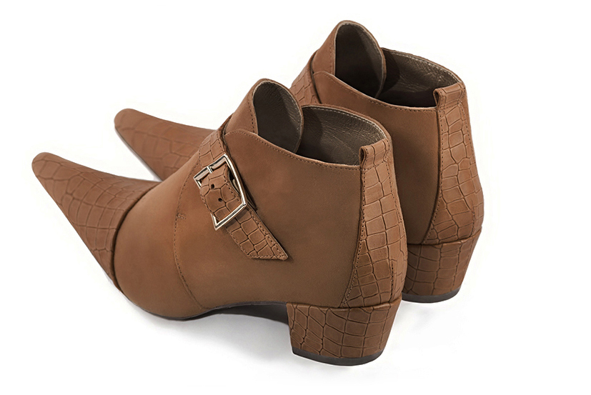 Caramel brown women's ankle boots with buckles at the front. Pointed toe. Low cone heels. Rear view - Florence KOOIJMAN